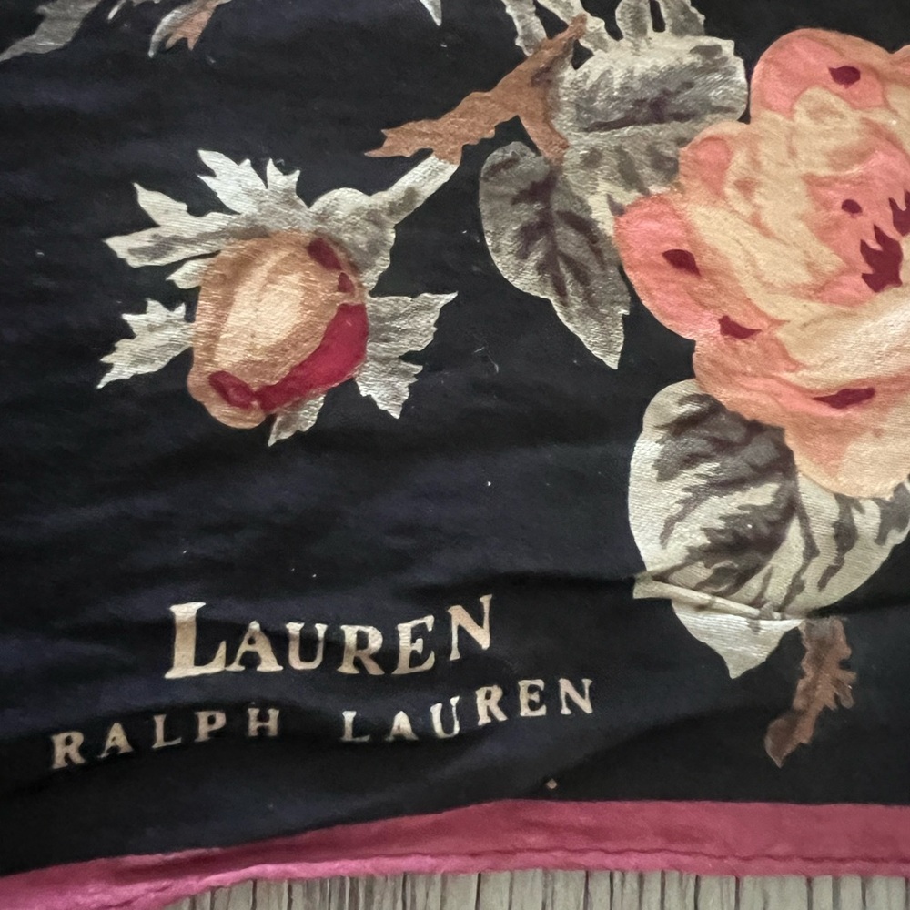 Ralph Lauren Black Floral Silk Scarf with Pink, Cream and Red Roses - Picture 2 of 10